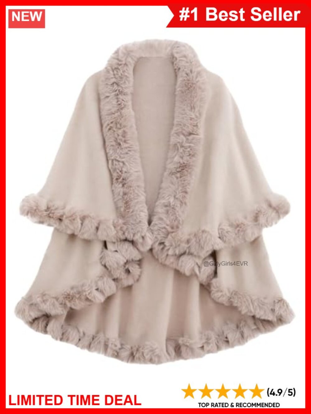 Faux Fur Trim Open Front Poncho Cape Sweater Winter Warm Shawl Wrap